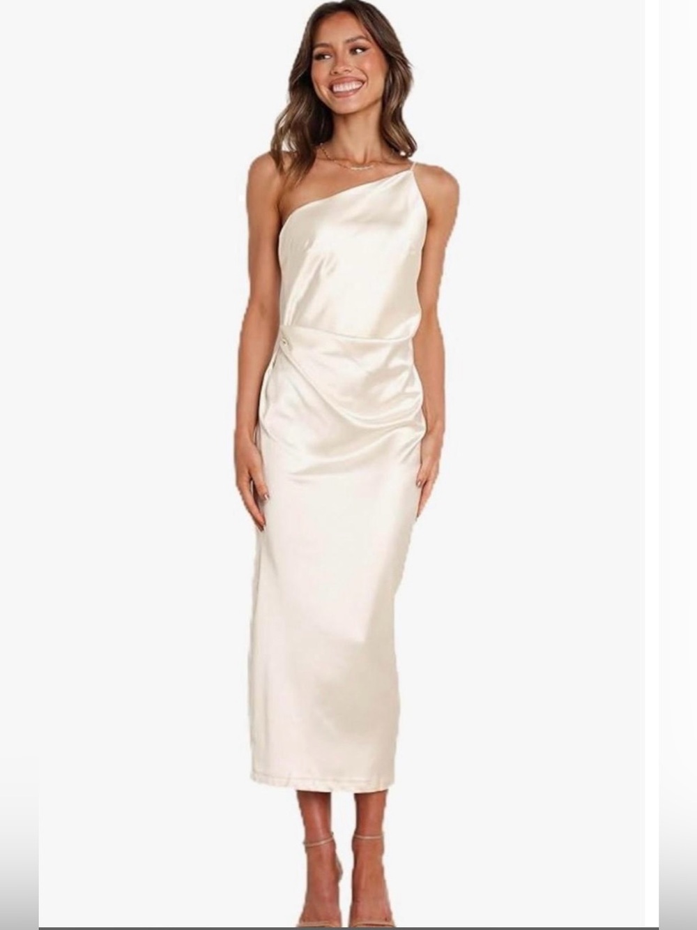 Petal and Pup One-Shoulder Draped Satin Midi Dress in Light Champagne - 4